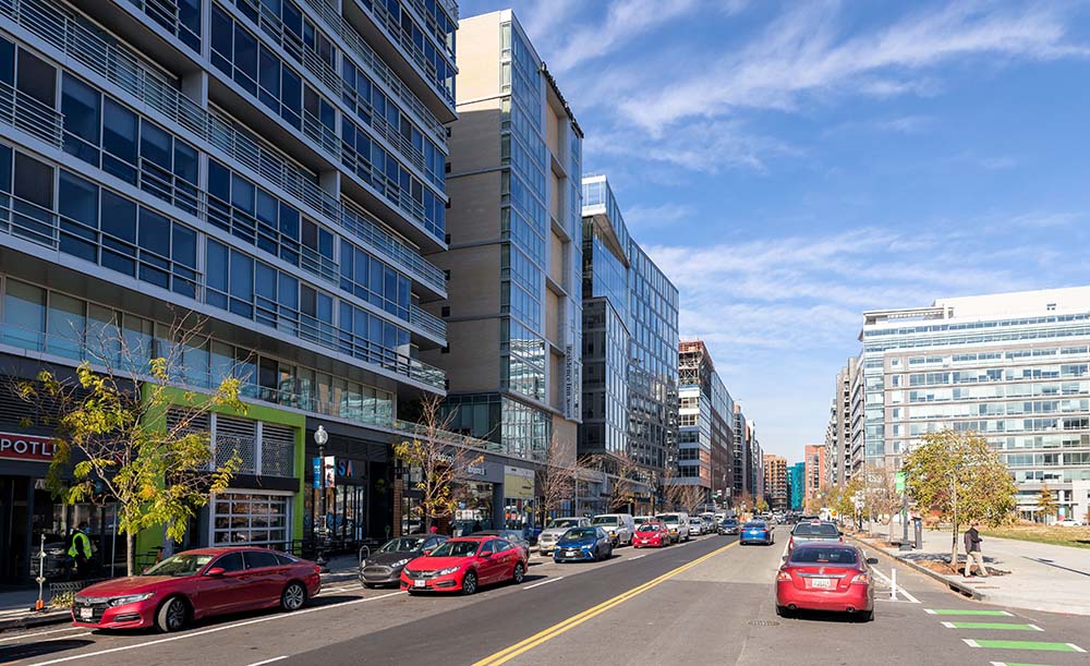 Street view of new residential and retail buildings